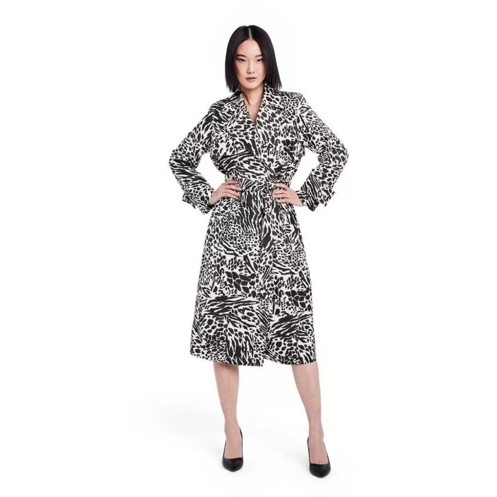 Women's Animal Print Strong Shoulder Trench Coat Sergio Hudson Black M Medium